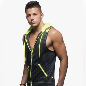 Andrew Christian Black Pinstripe Sleeveless Hoodie with Neon Yellow Trim